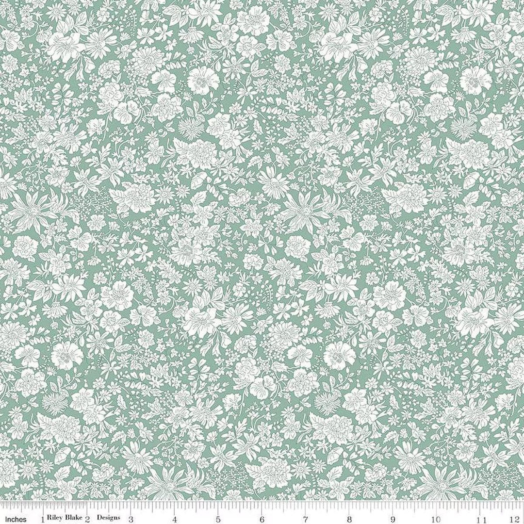 A closeup shot of the quilting fabric pattern called Olive Leaf, part of Liberty Fabric's Emily Belle fabric collection by Riley Blake. SKU is 01666412A.