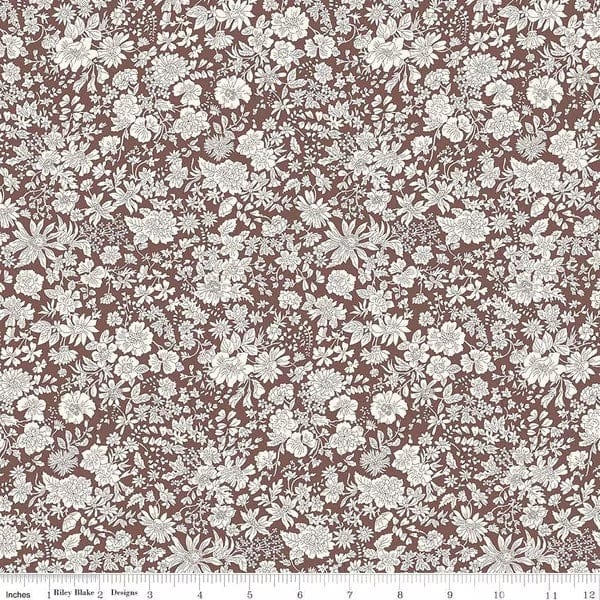 A closeup shot of the quilting fabric pattern called Chocolate, part of Liberty Fabric's Emily Belle fabric collection by Riley Blake. SKU is 01666434A.
