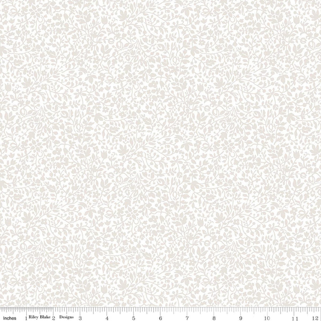 Cotton quilting fabric pattern called 'Garden Walk Cream on Cream'. Part of the 'Lasenby Silhouette' fabric collection. Designed by Liberty Fabrics for fabric company Riley Blake. SKU: 01666847C. 44-45 inch width.