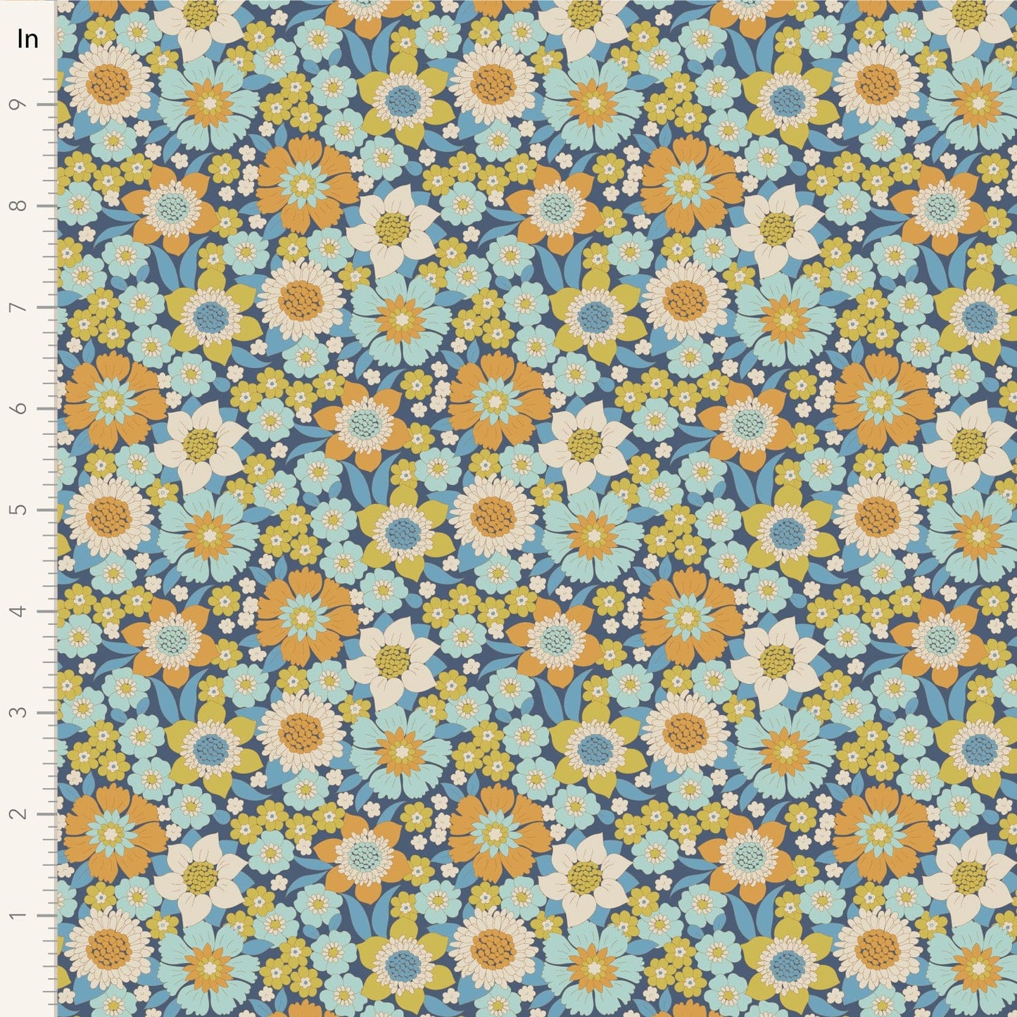 A closeup shot of the quilting fabric pattern called Lauren, designed by Tone Finnanger, in the blue colorway. The SKU is TIL100603.