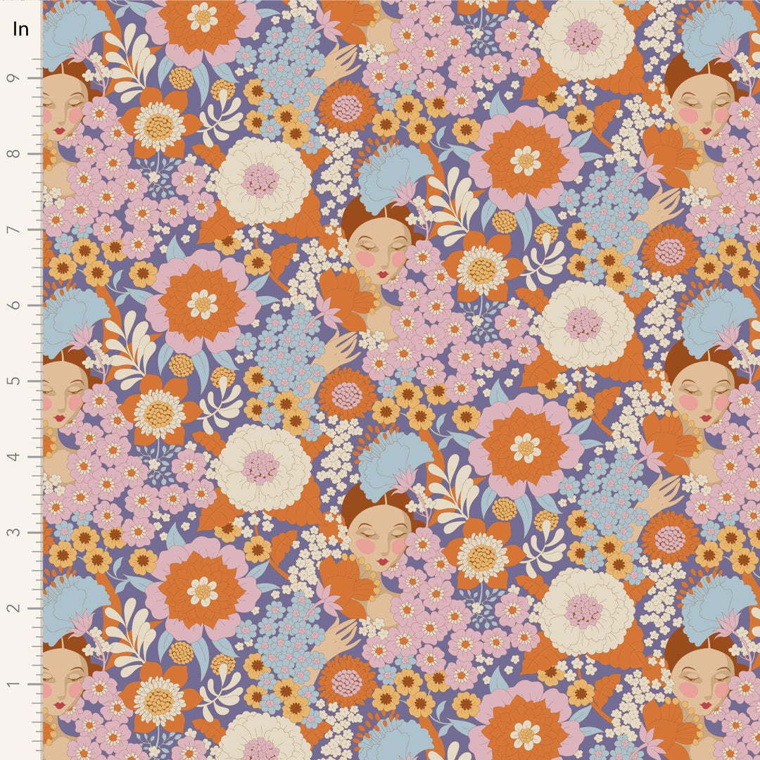 A closeup shot of the quilting fabric pattern called Wallflower, designed by Tone Finnanger, in the thistle colorway. The SKU is TIL100608.
