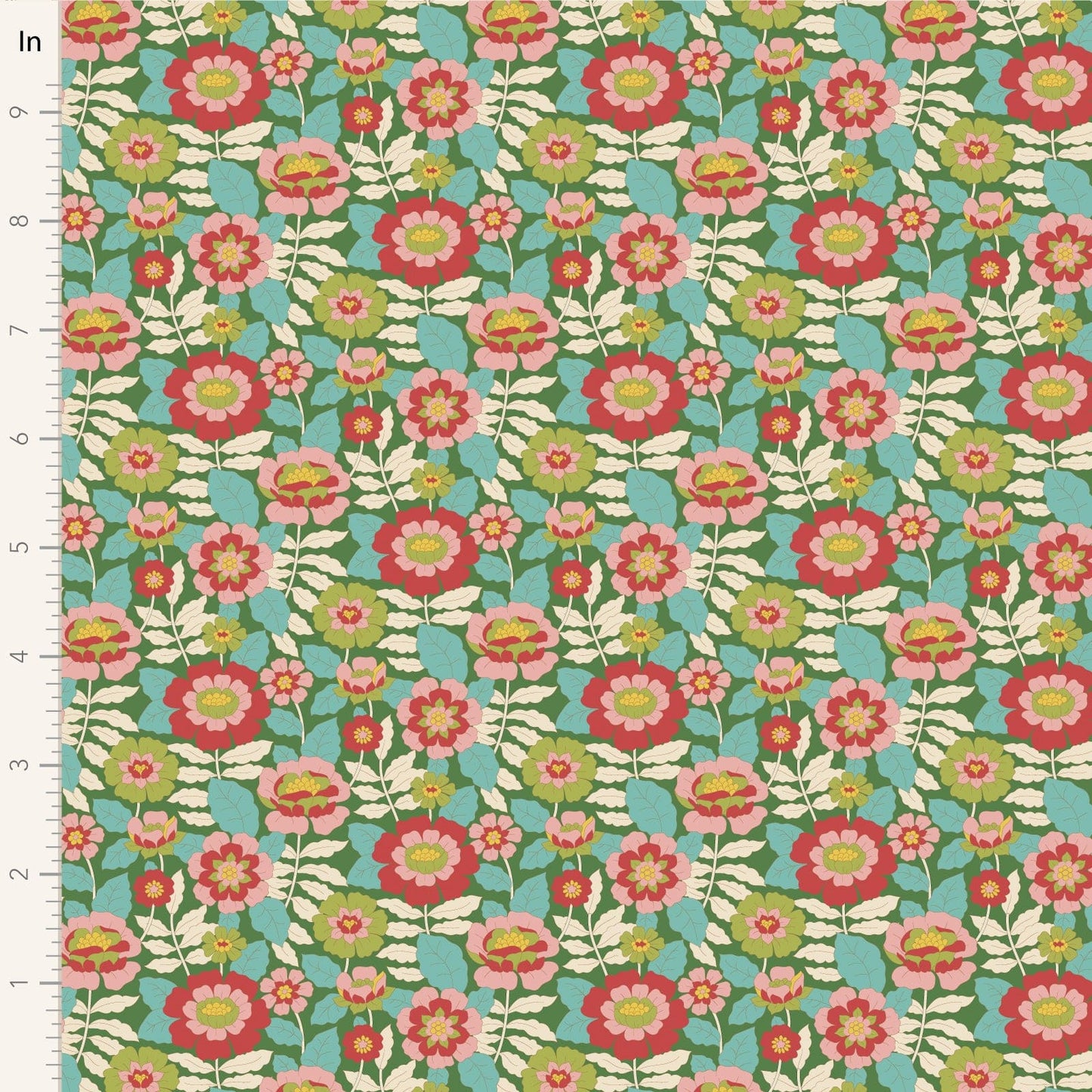 A closeup shot of the quilting fabric pattern called Beverly, designed by Tone Finnanger, in the green colorway. The SKU is TIL100609.