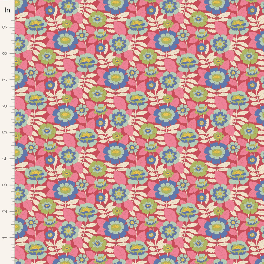 A closeup shot of the quilting fabric pattern called Beverly, designed by Tone Finnanger, in the pink colorway. The SKU is TIL100610.