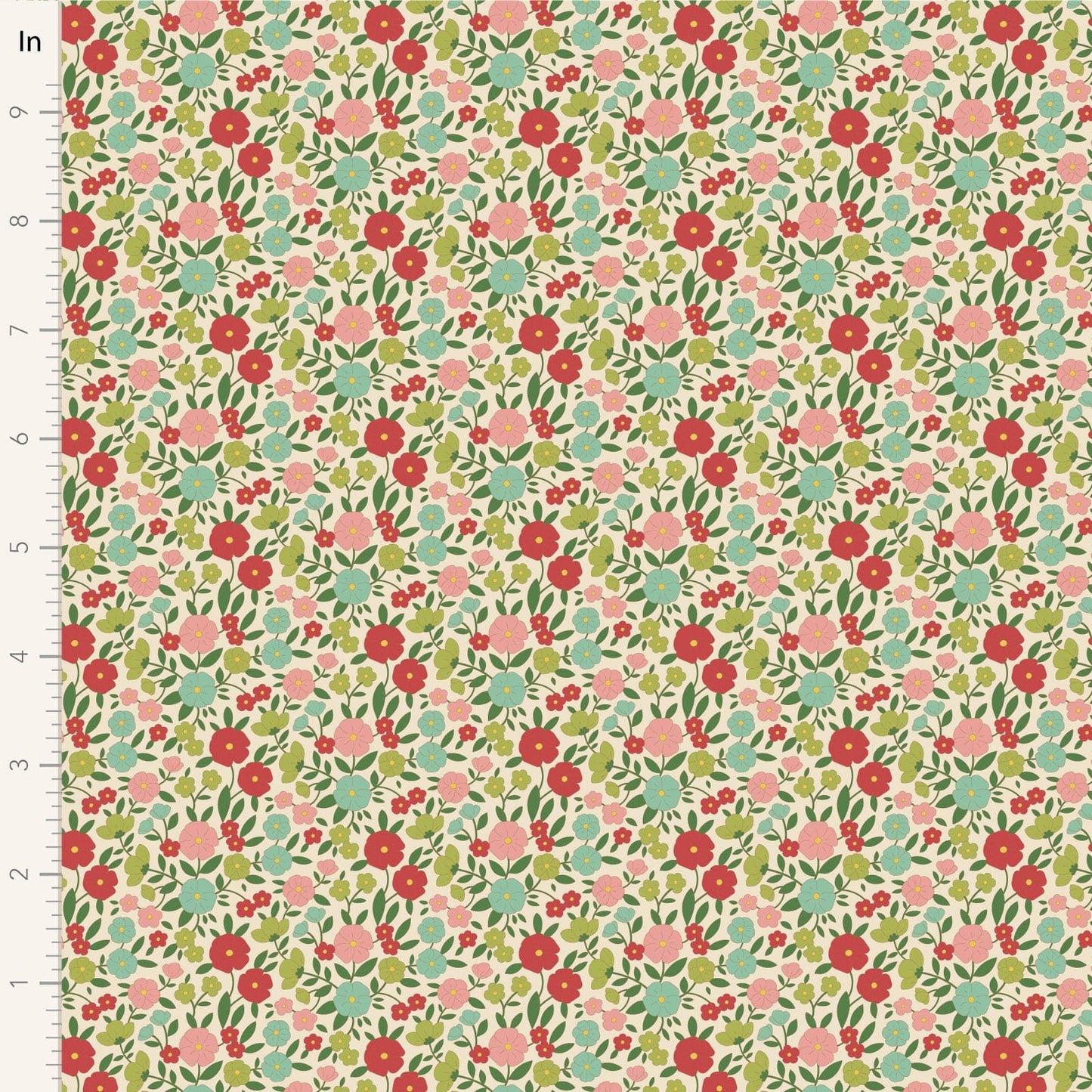 A closeup shot of the quilting fabric pattern called Janice, designed by Tone Finnanger, in the green colorway. The SKU is TIL100613.