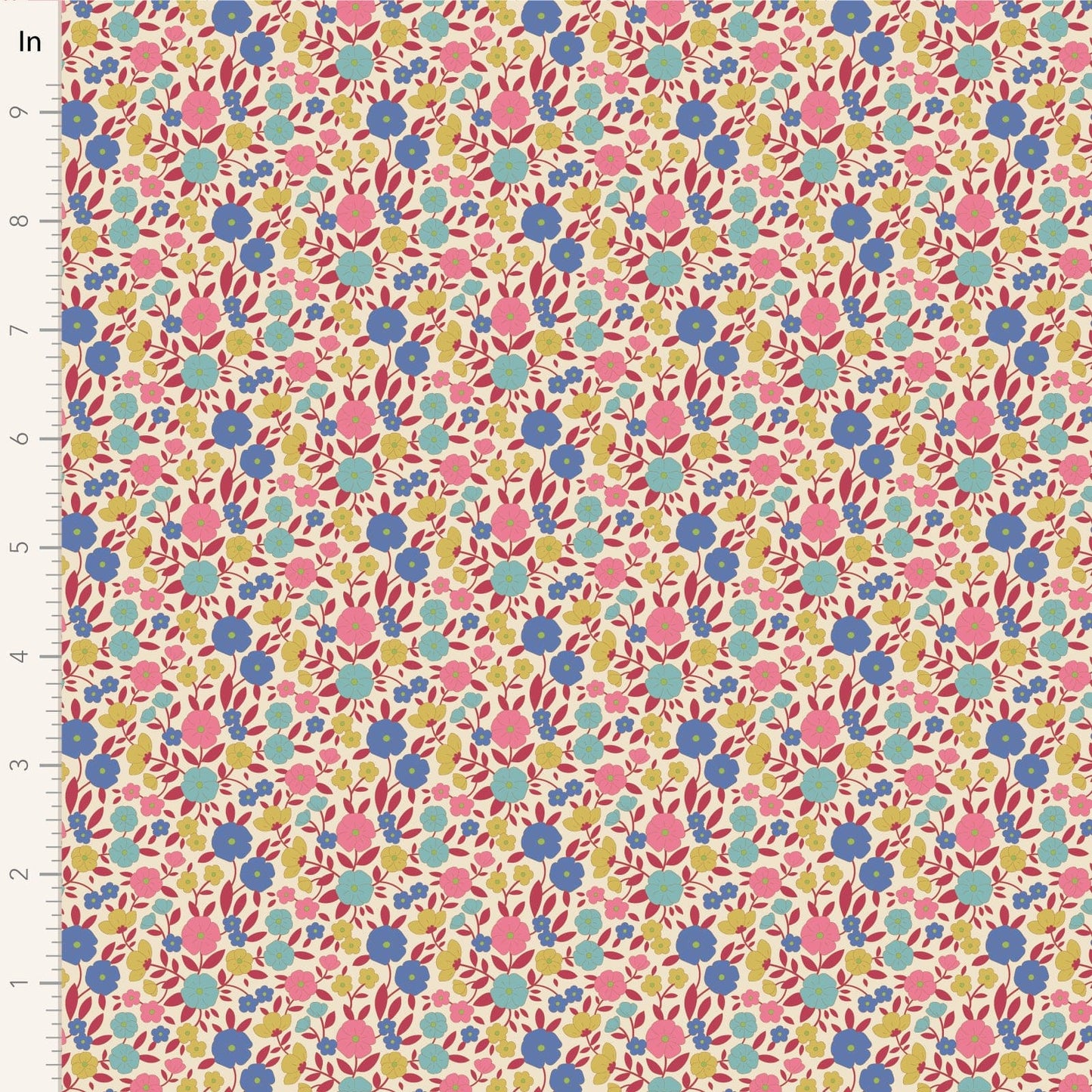 A closeup shot of the quilting fabric pattern called Janice, designed by Tone Finnanger, in the red colorway. The SKU is TIL100614.