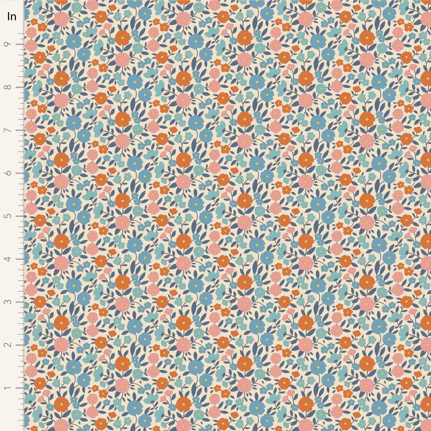 A closeup shot of the quilting fabric pattern called Janice, designed by Tone Finnanger, in the blue colorway. The SKU is TIL100615.