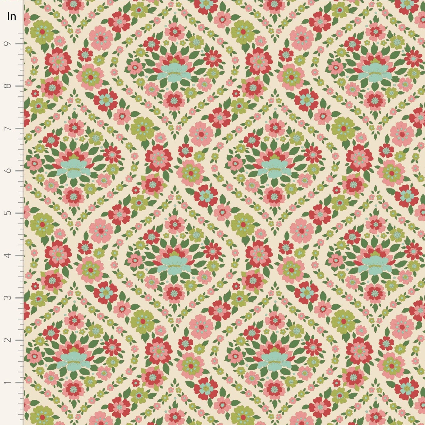 A closeup shot of the quilting fabric pattern called Bianca, designed by Tone Finnanger, in the green colorway. The SKU is TIL100617.