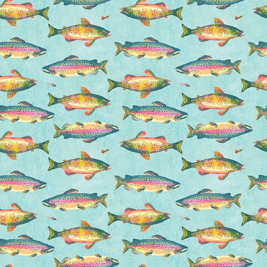 Trout quilting fabric, part of the Nature Walk fabric collection by Kerstin Stock (SKU: STELLA-DKS3334 AQUARIUS)