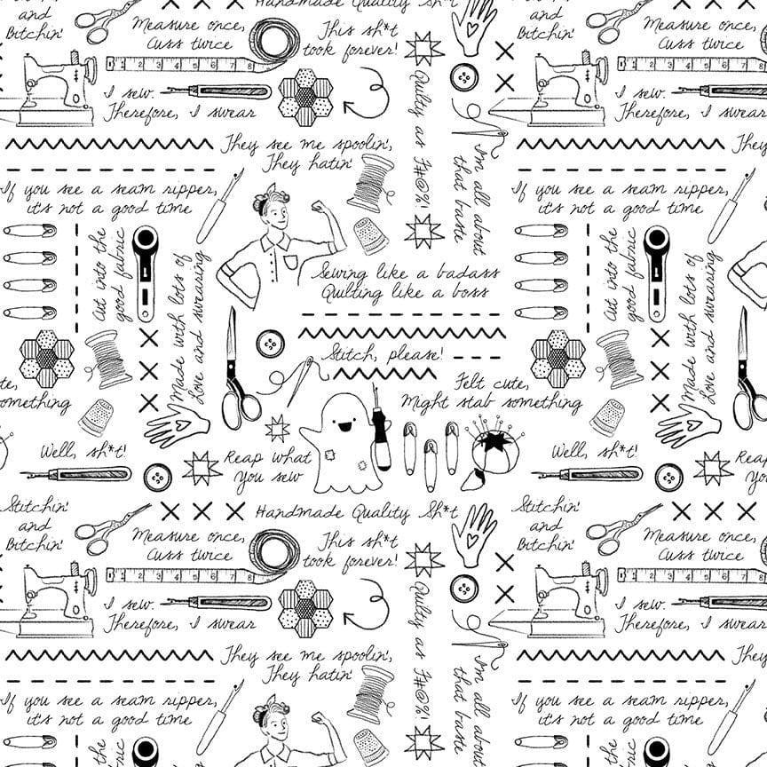 Sweary Stitching in White quilting fabric, part of the Quiet Riot fabric collection by Pammie Jane (SKU: STELLA-DPJ3098 WHITE)