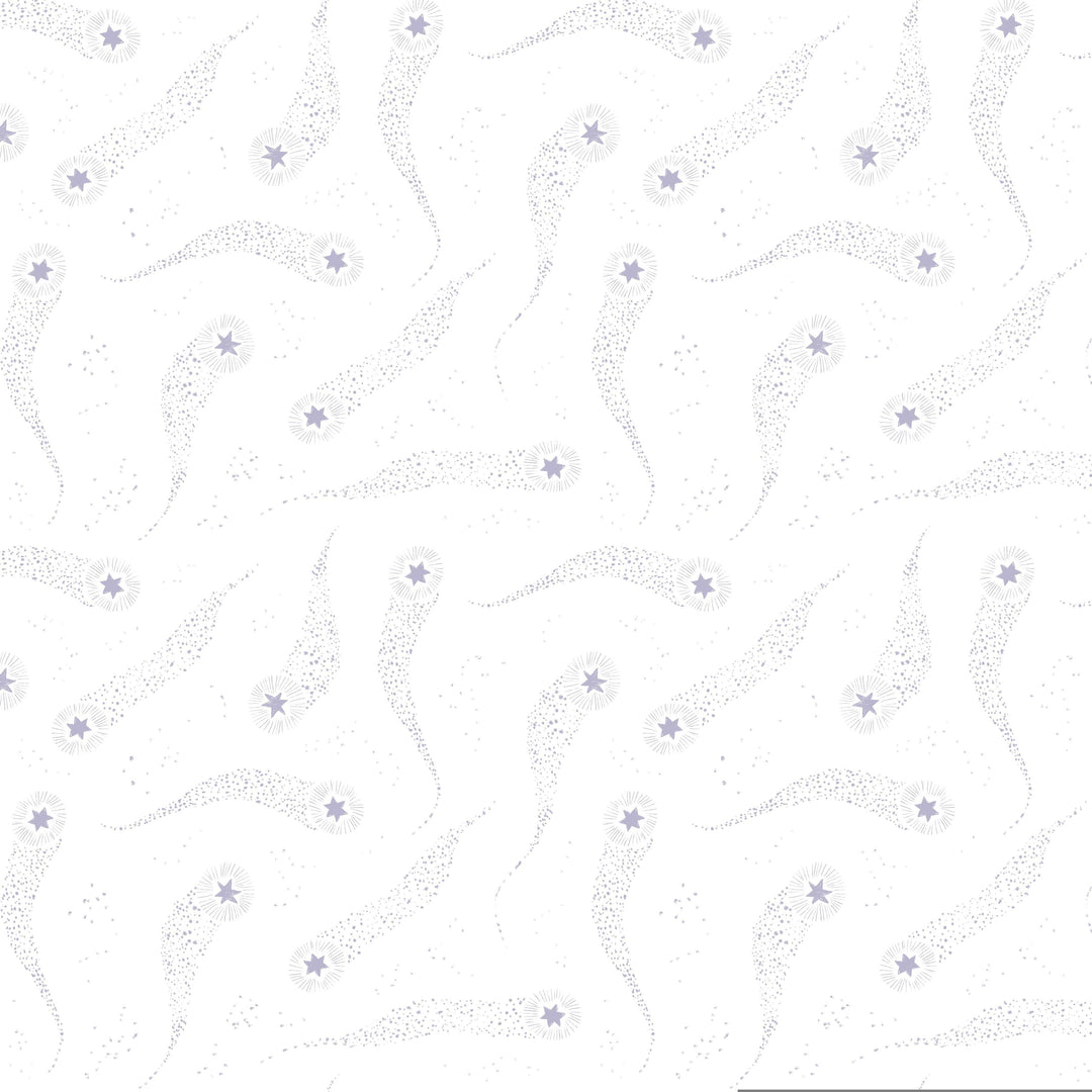 Comets in White quilting fabric, part of the Fairy Solstice fabric collection by Rae Ritchie (SKU: STELLA-DRR3363 WHITE)