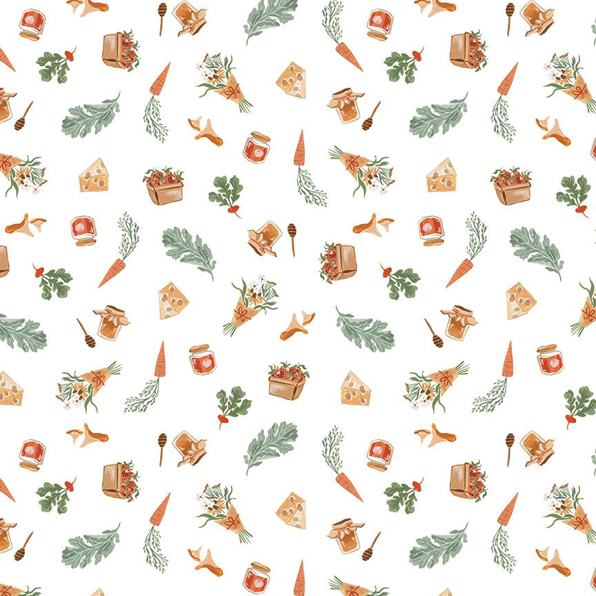Farmers Produce in White quilting fabric, part of the Country Mouse fabric collection by Rae Ritchie (SKU: STELLA-DRR3254 WHITE)