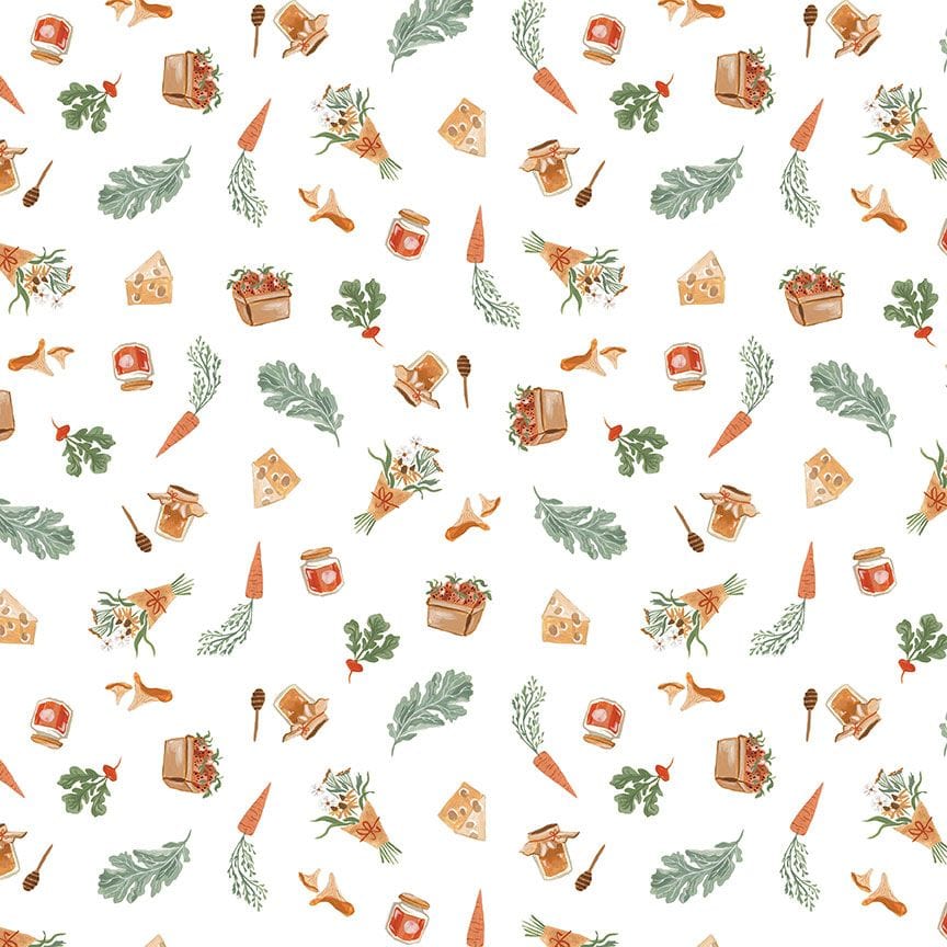 Farmers Produce in White quilting fabric, part of the Country Mouse fabric collection by Rae Ritchie (SKU: STELLA-DRR3254 WHITE)