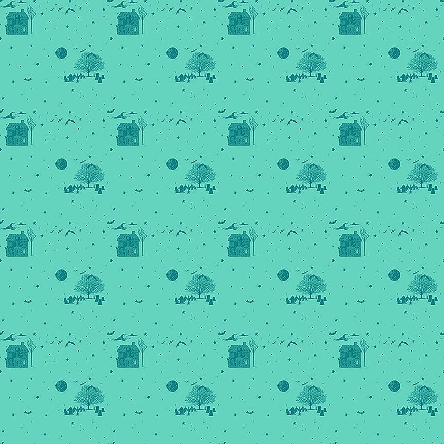 A closeup shot of the quilting fabric pattern called Haunted, designed by Pammie Jane for Dear Stella, in the caribbean colorway. The SKU is STELLA-DPJ3170 CARIBBEAN.