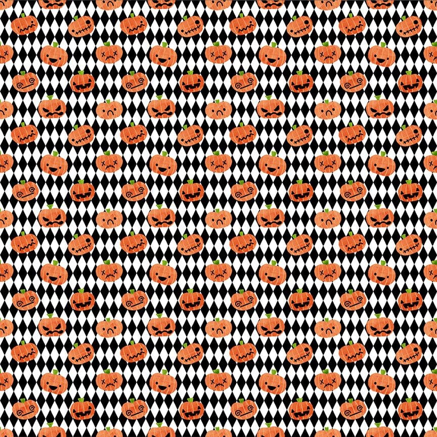 A closeup shot of the quilting fabric pattern called Pumpkins, designed by Pammie Jane for Dear Stella. The SKU is STELLA-DPJ3172 MULTI.