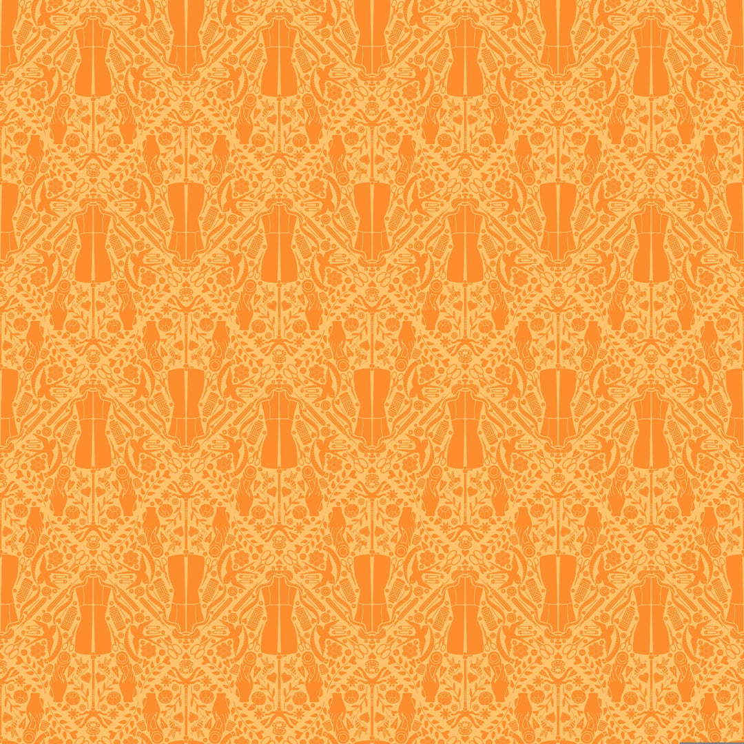 You Got The Notion in Mandarin quilting fabric, part of the Quilty Helpurrs fabric collection by Pammie Jane (SKU: STELLA-DPJ3351 MANDARIN)