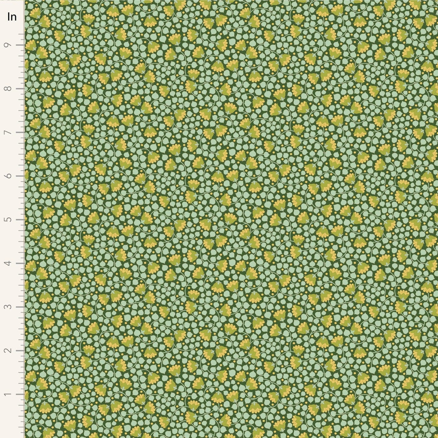 A closeup shot of the quilting fabric pattern called Bellflower, designed by Tone Finnanger, in the pine colorway. The SKU is TIL110127.