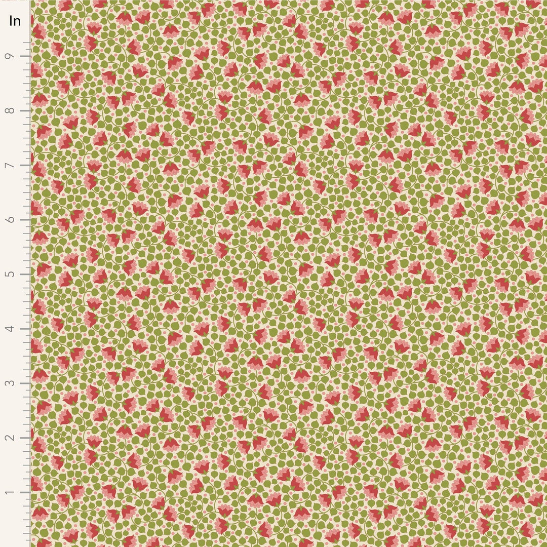 A closeup shot of the quilting fabric pattern called Bellflower, designed by Tone Finnanger, in the green colorway. The SKU is TIL110128.