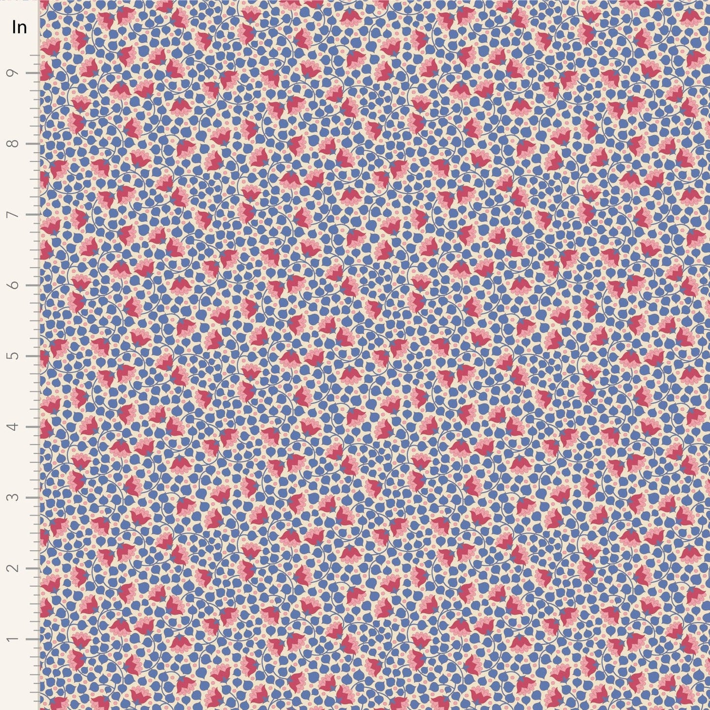 A closeup shot of the quilting fabric pattern called Bellflower, designed by Tone Finnanger, in the denim colorway. The SKU is TIL110131.