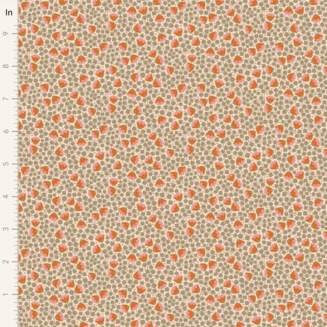 A closeup shot of the quilting fabric pattern called Bellflower, designed by Tone Finnanger, in the sand colorway. The SKU is TIL110134.