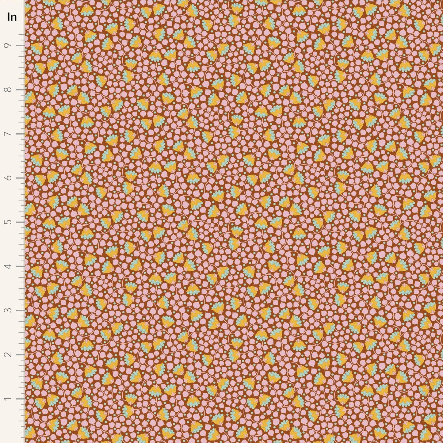 A closeup shot of the quilting fabric pattern called Bellflower, designed by Tone Finnanger, in the mulberry colorway. The SKU is TIL110135.