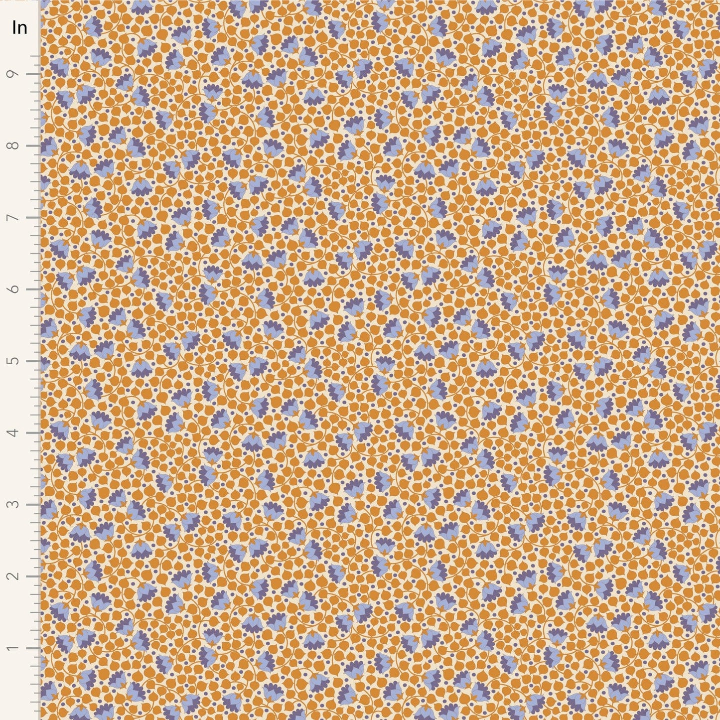 A closeup shot of the quilting fabric pattern called Bellflower, designed by Tone Finnanger, in the mustard colorway. The SKU is TIL110136.