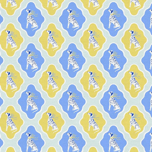 Cotton quilting fabric pattern called 'Dalmatian Diamonds in Blue/Mint'. Part of the 'Pampered Pets' fabric collection. Designed by PBS Collection for fabric company Paintbrush Studio. SKU: 120-24384. 44-45 inch width.