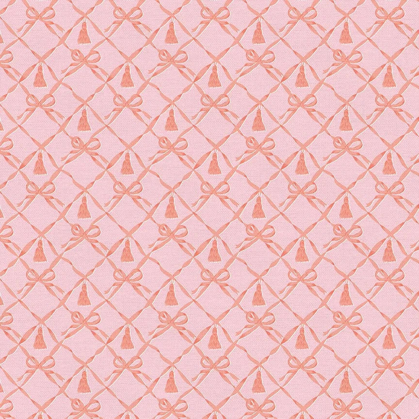 Cotton quilting fabric pattern called 'Pets Bow Trellis in Pink'. Part of the 'Pampered Pets' fabric collection. Designed by PBS Collection for fabric company Paintbrush Studio. SKU: 120-24388. 44-45 inch width.