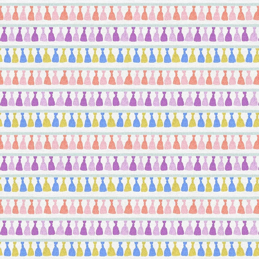 Cotton quilting fabric pattern called 'Tassels in Multi'. Part of the 'Pampered Pets' fabric collection. Designed by PBS Collection for fabric company Paintbrush Studio. SKU: 120-24391. 44-45 inch width.