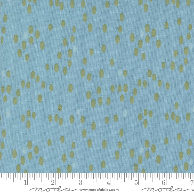 Cotton quilting fabric pattern called 'Dots in Glacier'. Part of the 'Olive You' fabric collection. Designed by Zen Chic for fabric company MODA. SKU: 1882 15. 44-45 inch width.