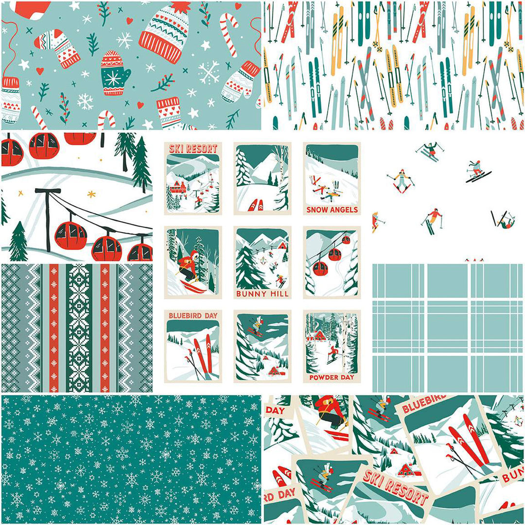 PREORDER - Ski Hill - 1 Yard Bundle of 8 pcs plus panel in Aqua- Corinne Wells - 1YD-14770A-9