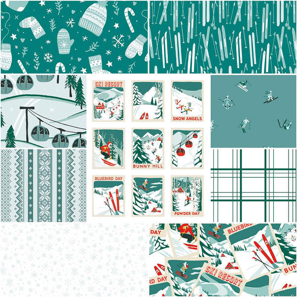 PREORDER - Ski Hill - 1 Yard Bundle of 8 pcs plus panel in Teal - Corinne Wells - 1YD-14770T-9