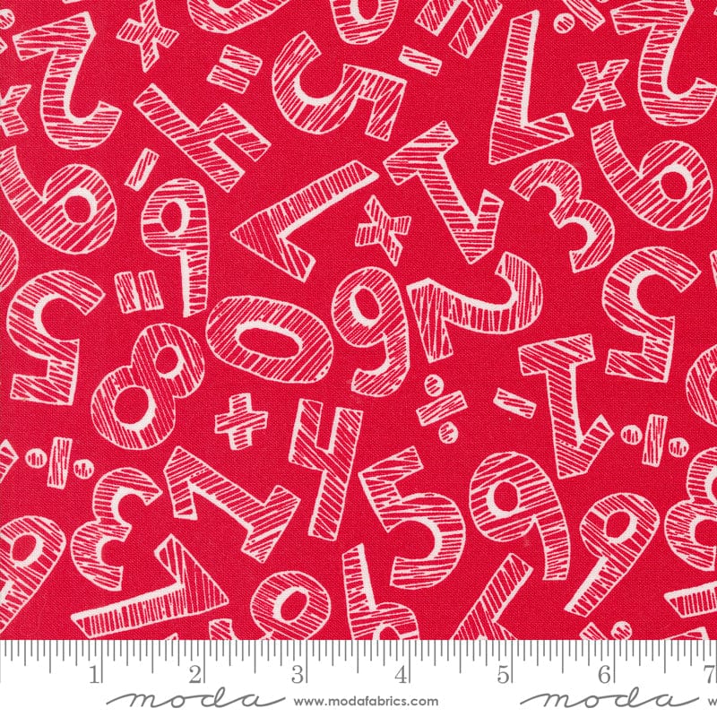 Cotton quilting fabric pattern called 'Numbers in Apple'. Part of the 'Back to School' fabric collection. Designed by Stacy Iest Hsu for fabric company MODA. SKU: 20893 14. 44-45 inch width.