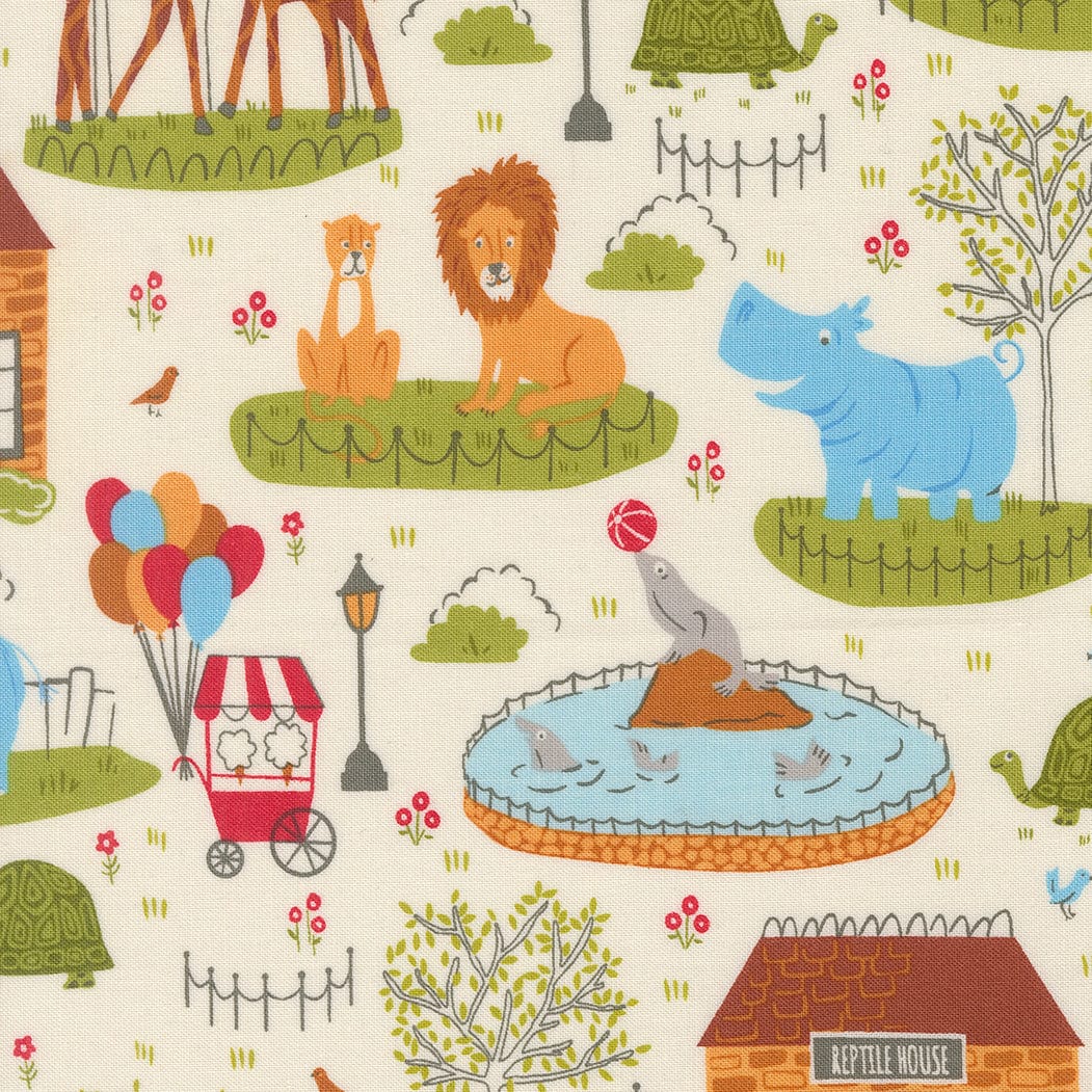 A closeup shot of the quilting fabric pattern called Animal Park Scenic, designed by Stacy Iest Hsu, in the dove colorway. The SKU is 20960 11.