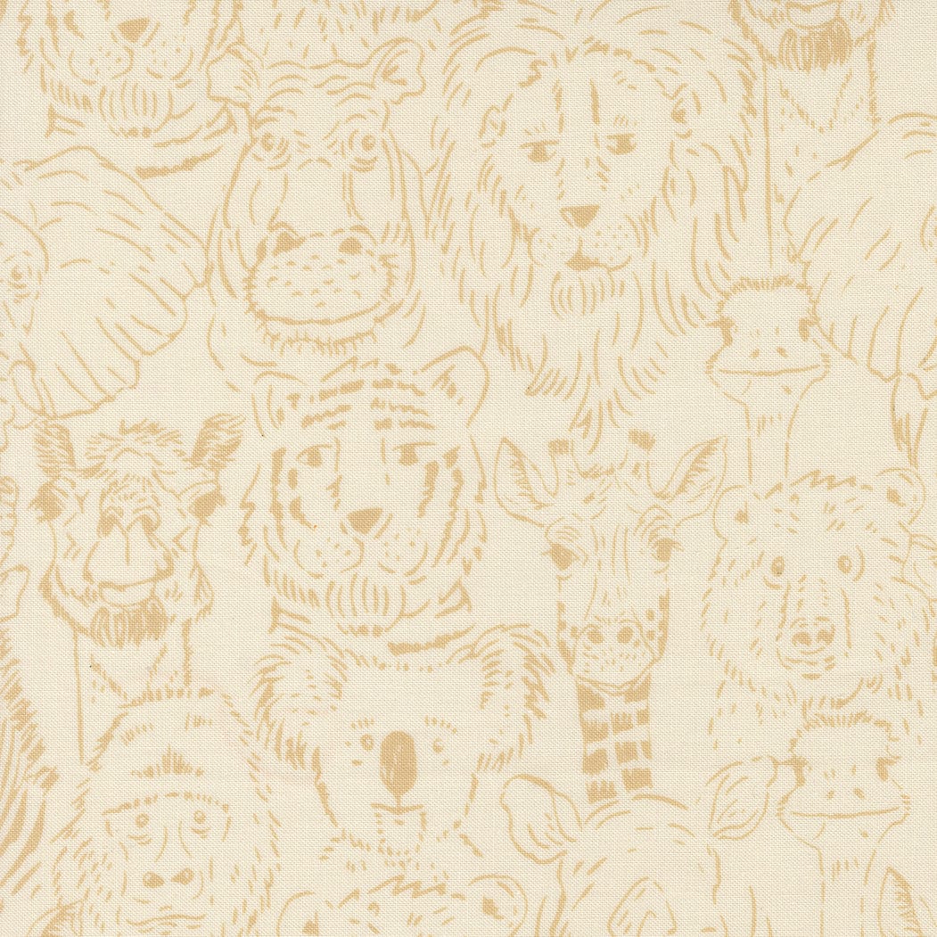 A closeup shot of the quilting fabric pattern called One Big Happy Family, designed by Stacy Iest Hsu, in the dove-natural colorway. The SKU is 20962 21.