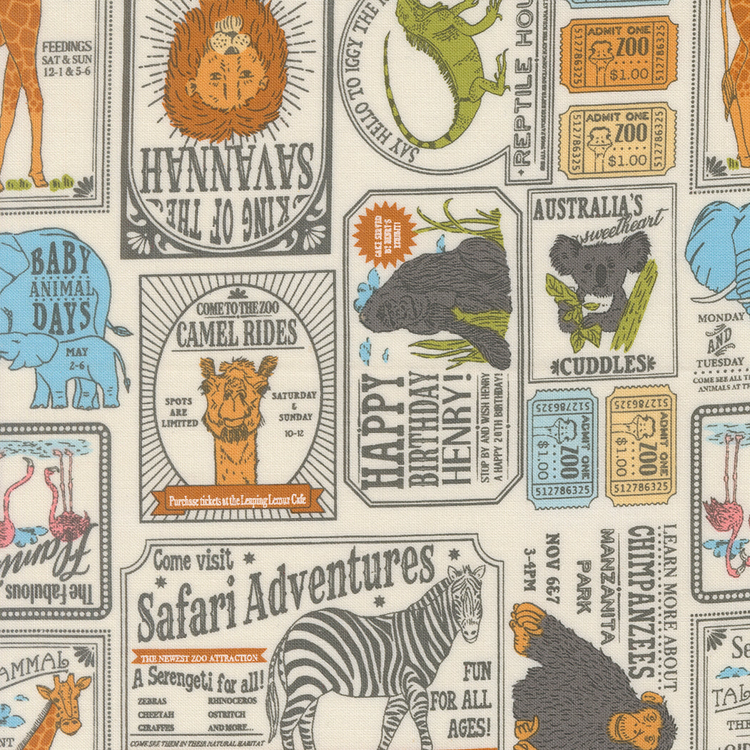 A closeup shot of the quilting fabric pattern called Vintage Zoo, designed by Stacy Iest Hsu, in the dove colorway. The SKU is 20965 11.