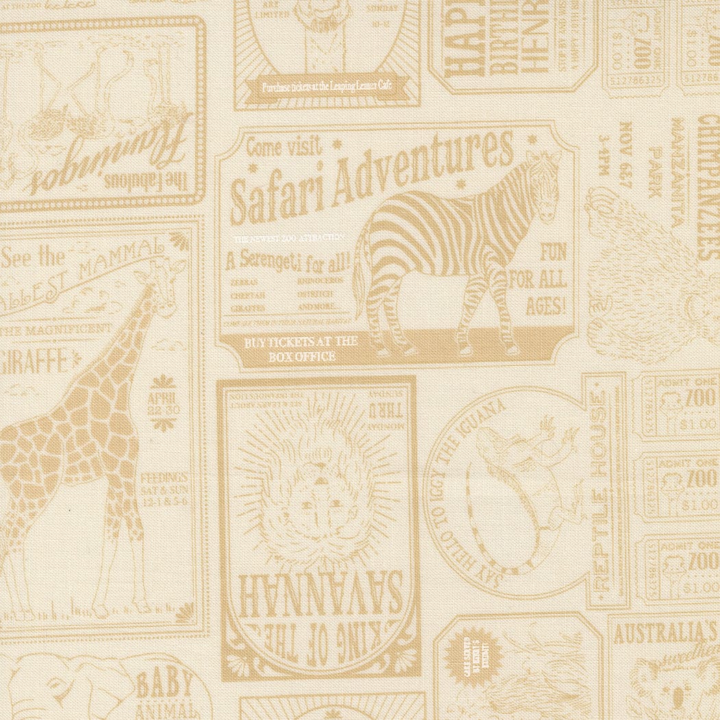 A closeup shot of the quilting fabric pattern called Vintage Zoo, designed by Stacy Iest Hsu, in the dove-natural colorway. The SKU is 20965 21.