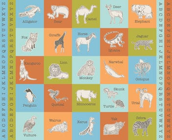 A closeup shot of the quilting fabric panel called Animal Park Bloc, designed by Stacy Iest Hsu, in the multi colorway. The SKU is 20968 11.