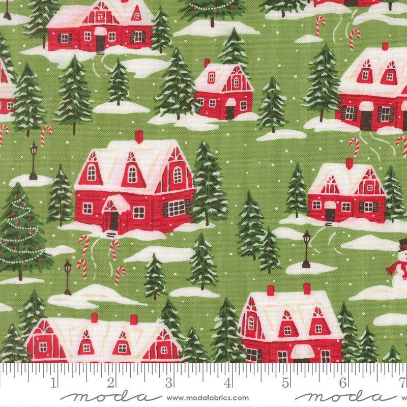 Cardinals Village in Mistletoe quilting fabric, part of the Holiday Cheer fabric collection by Stacy Iest Hsu (SKU: 20972 13)