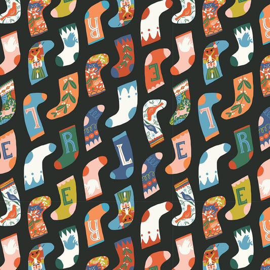 Cotton quilting fabric pattern called 'Stockings'. Part of the 'Tinsel Time!' fabric collection. Designed by Louise Cunningham for fabric company Cloud 9 Fabrics. SKU: 227524. 44-45 inch width.