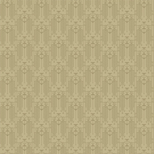 Cotton quilting fabric pattern called 'The House Beautiful Design A in Pale Mustard'. Part of the 'March Balloons' fabric collection. Designed by Frank Lloyd Wright Collection with Cloud 9 Fabrics for fabric company Cloud 9 Fabrics. SKU: 227540. 44-45 inch width.