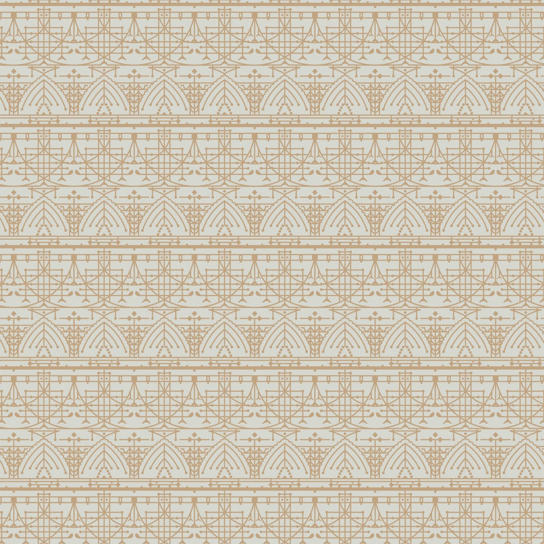 Cotton quilting fabric pattern called 'The House Beautiful Design B in Soft Gray'. Part of the 'March Balloons' fabric collection. Designed by Frank Lloyd Wright Collection with Cloud 9 Fabrics for fabric company Cloud 9 Fabrics. SKU: 227546. 44-45 inch width.