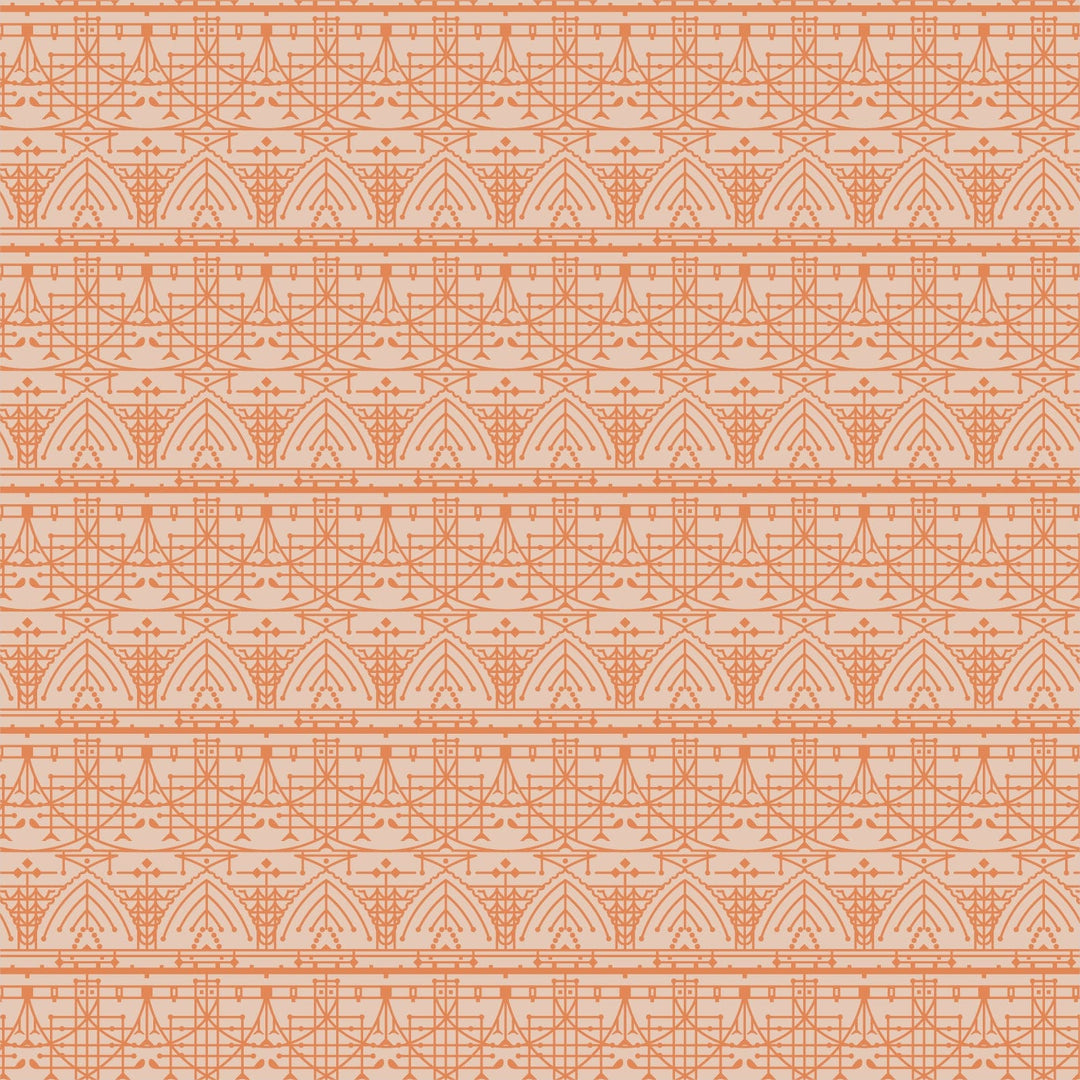 Cotton quilting fabric pattern called 'The House Beautiful Design B in Ochre'. Part of the 'March Balloons' fabric collection. Designed by Frank Lloyd Wright Collection with Cloud 9 Fabrics for fabric company Cloud 9 Fabrics. SKU: 227547. 44-45 inch width.