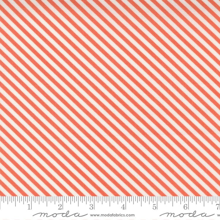 Cotton quilting fabric pattern called 'Bias Stripe in Strawberry'. Part of the 'Make Time' fabric collection. Designed by Aneela Hoey for fabric company Moda Fabrics. SKU: 24575 13. 44-45 inch width.