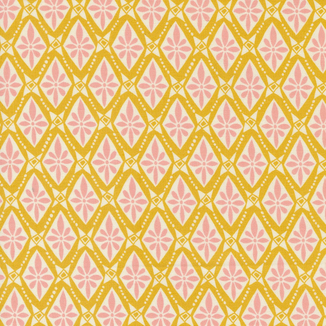 Cotton quilting fabric pattern called 'Bolero in Sunshine'. Part of the 'Tango' fabric collection. Designed by Kate Spain for fabric company Moda. SKU: 27336 17. 44-45 inch width.