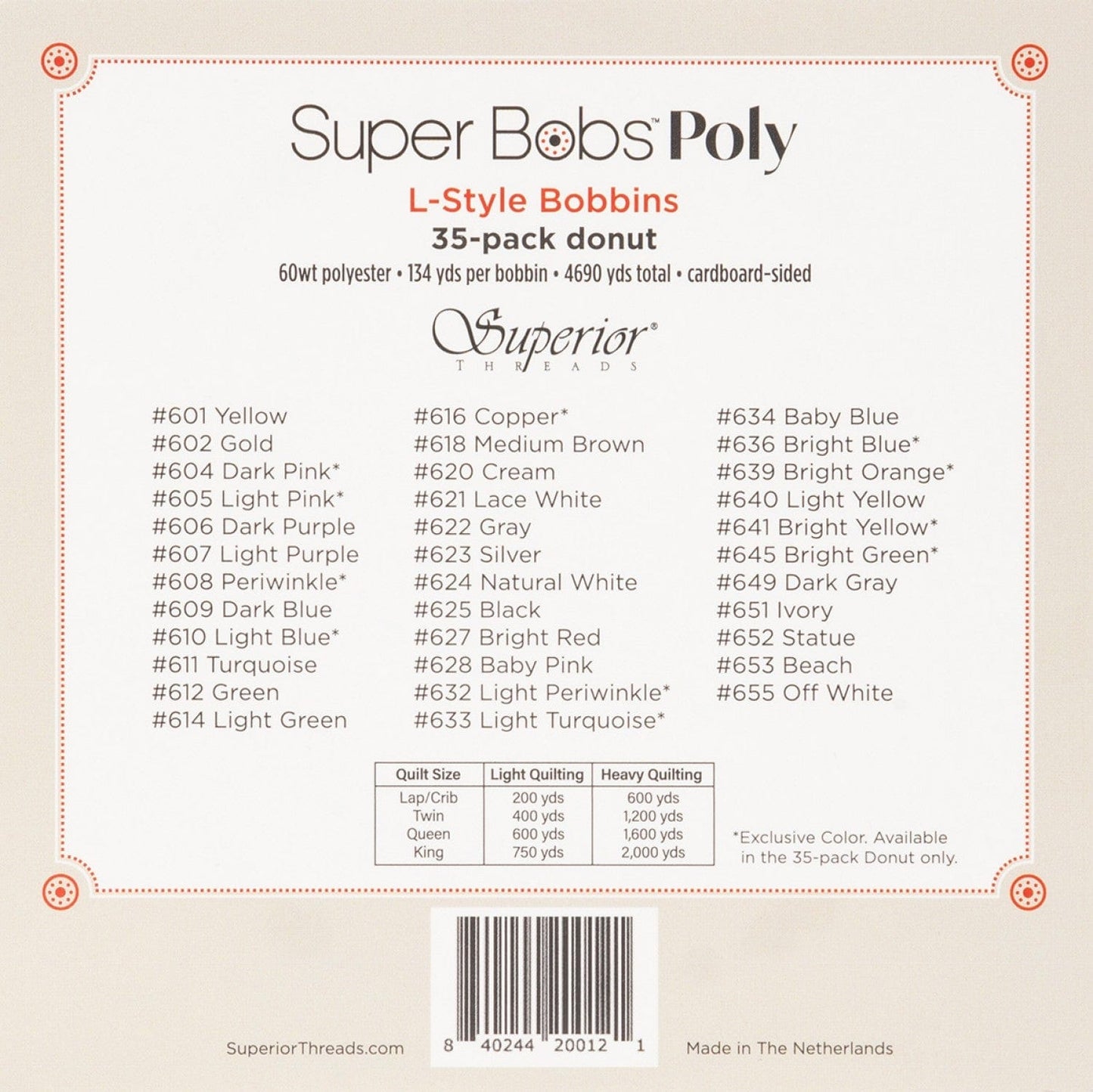 Superior Threads - SuperBobs Polyester Bobbin 35 Color L-Style Donut Set