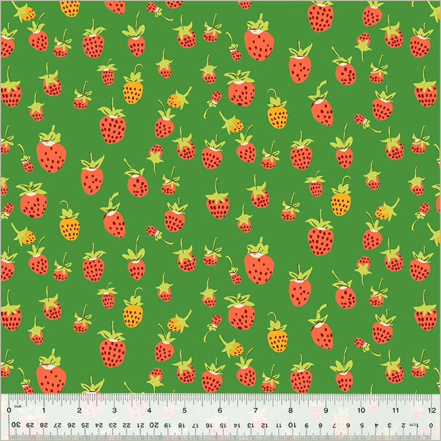 A closeup shot of the quilting fabric pattern called Strawberries, designed by Heather Ross, in the green colorway. The SKU is 37024D-5.