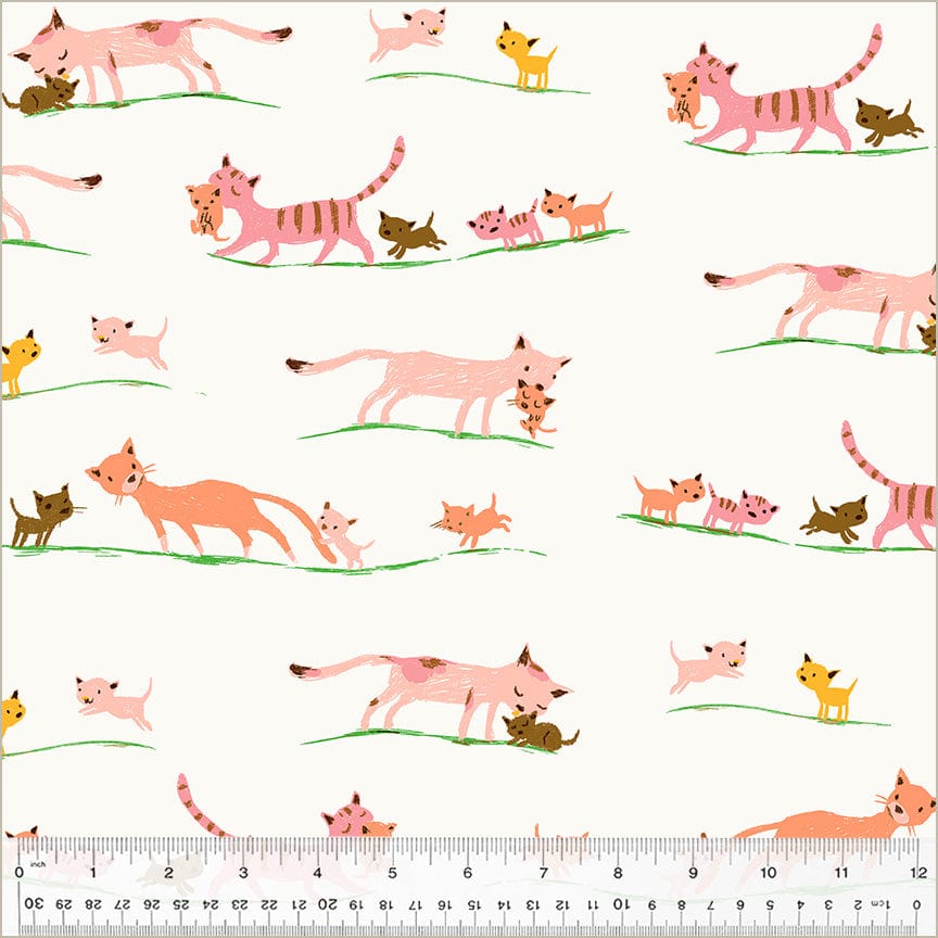 A closeup shot of the quilting fabric pattern called Mother Cats, designed by Heather Ross, in the cream colorway. The SKU is 40931D-5.