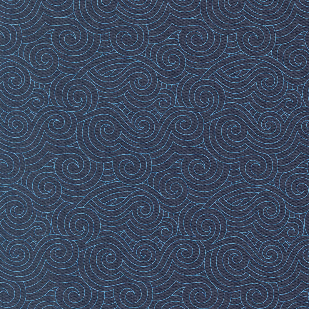 A closeup shot of the quilting fabric pattern called Turbulence, designed by Sariditty, in the navy colorway. The SKU is 45065 18.