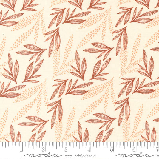 Cotton quilting fabric pattern called 'Leaf Lore in Cream'. Part of the 'Woodland Wildflowers' fabric collection. Designed by Fancy That Design House for fabric company Moda Fabrics. SKU: 45584 11. 44-45 inch width.