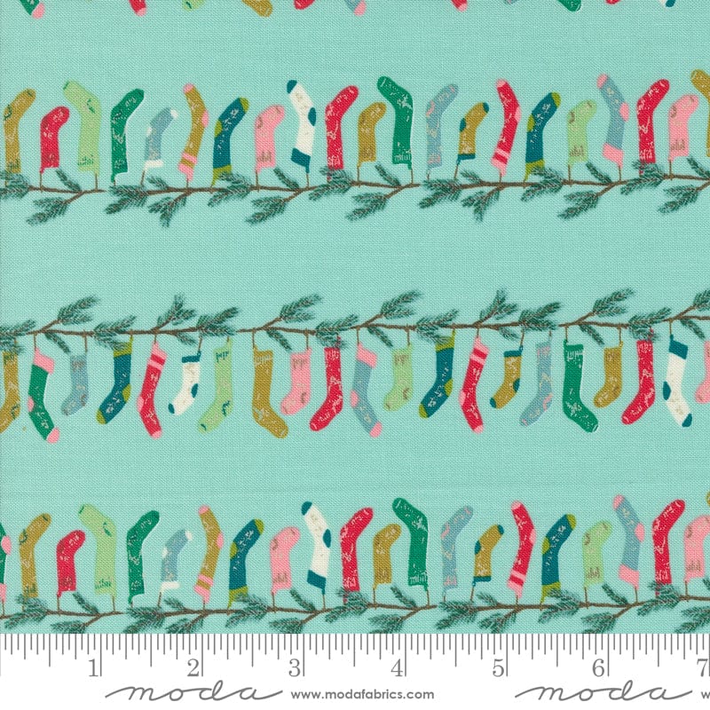 Cotton quilting fabric pattern called 'Stocking Stripe in Icicle'. Part of the 'Cozy Wonderland' fabric collection. Designed by Fancy That Design House for fabric company Moda. SKU: 45592 17. 44-45 inch width.